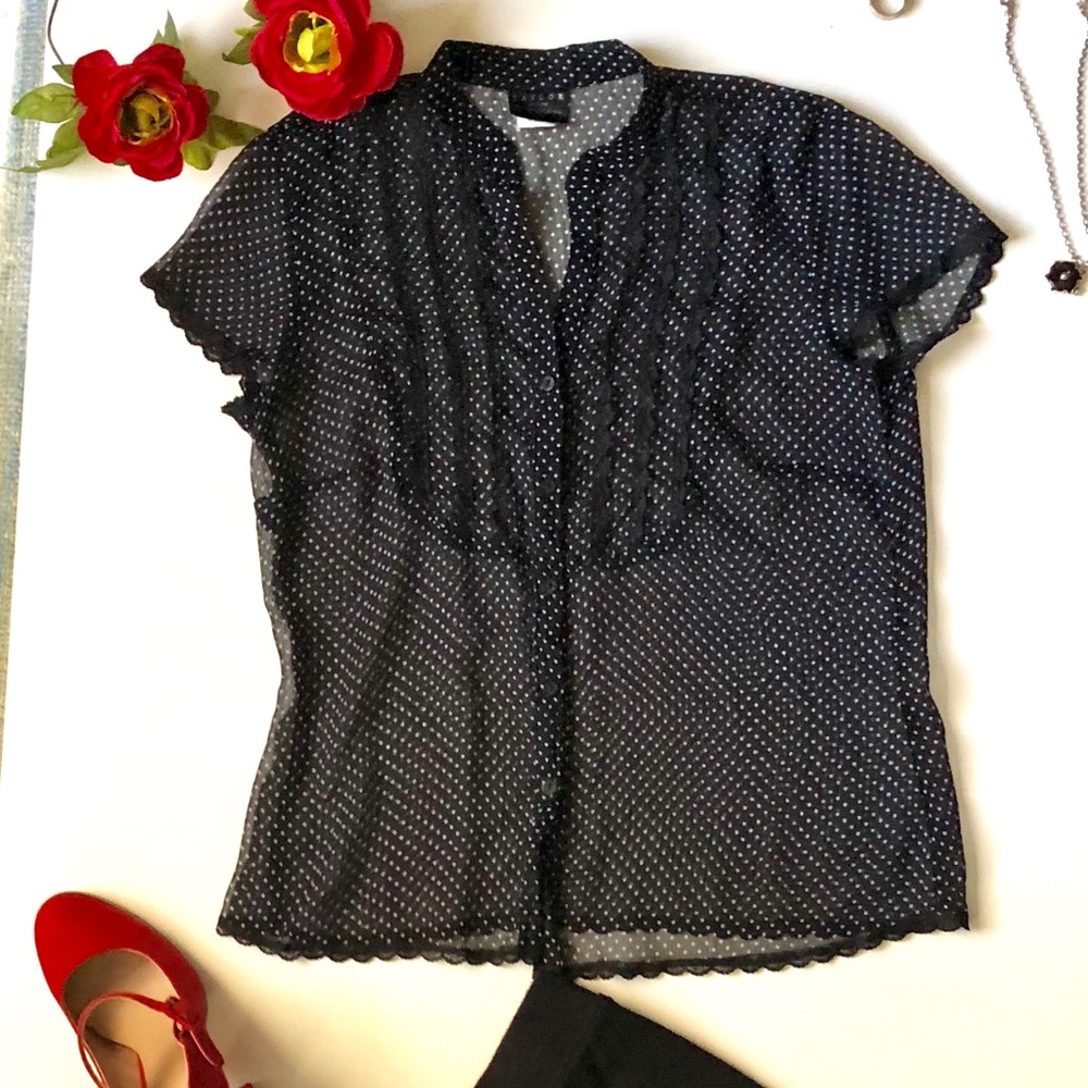 B&W sheer polka dot top, black lace trim